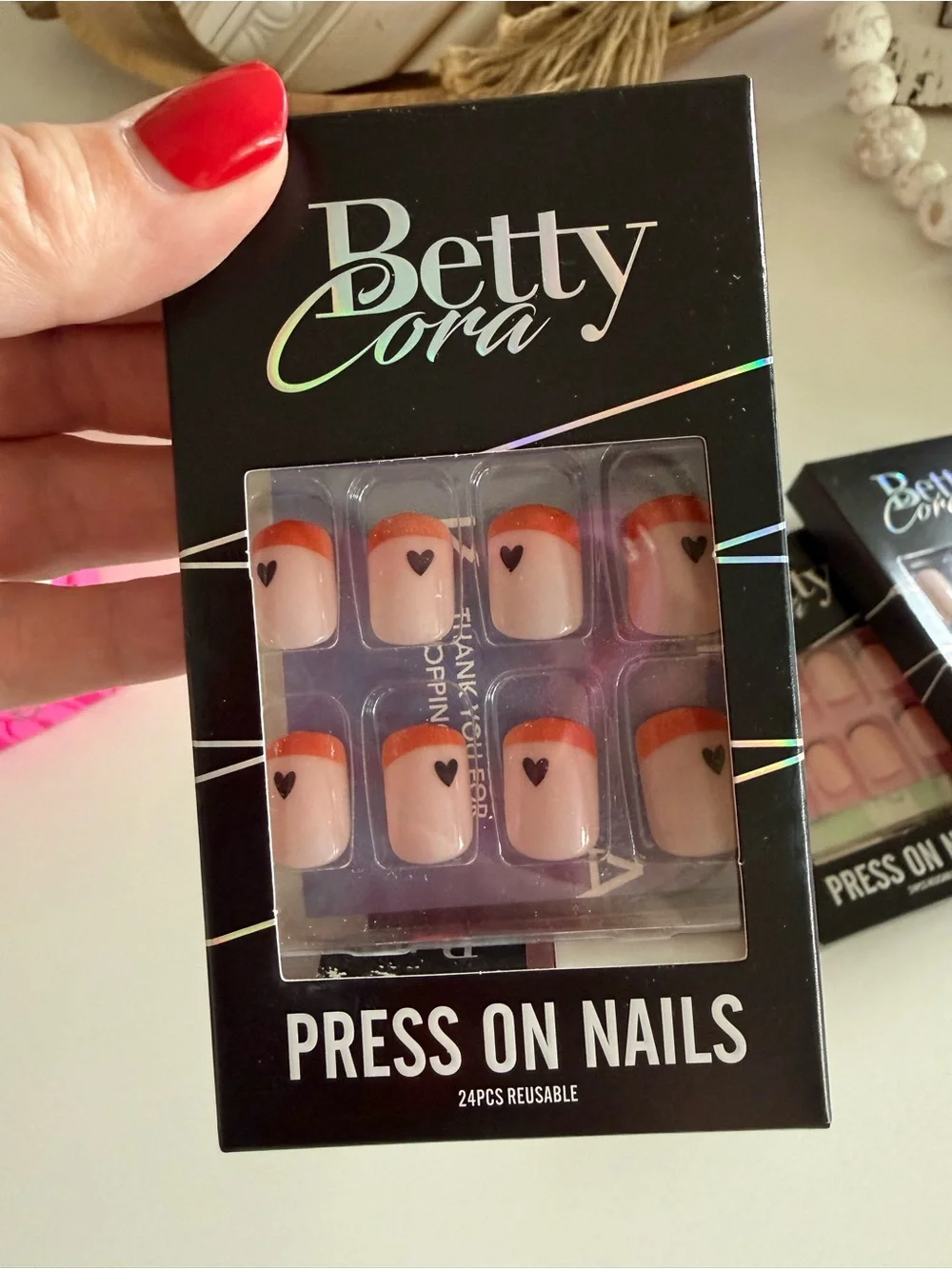 Press-On Nails in Nude with Orange Tip & Black Heart